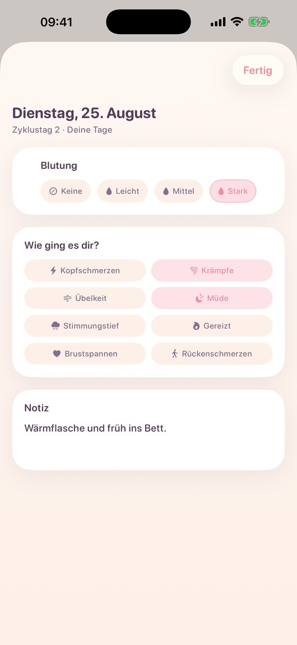 Tages-Eintrag mit Blutung, Symptomen und Notiz